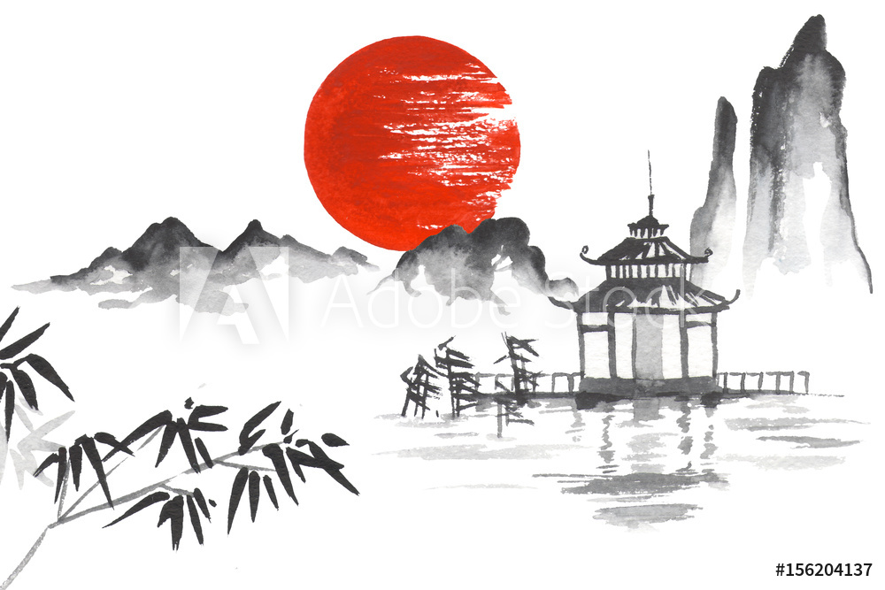 Japan Traditional japanese painting Sumi-e art Sun Mountain Temple Bamboo  from Wallmural | Familywallpapers