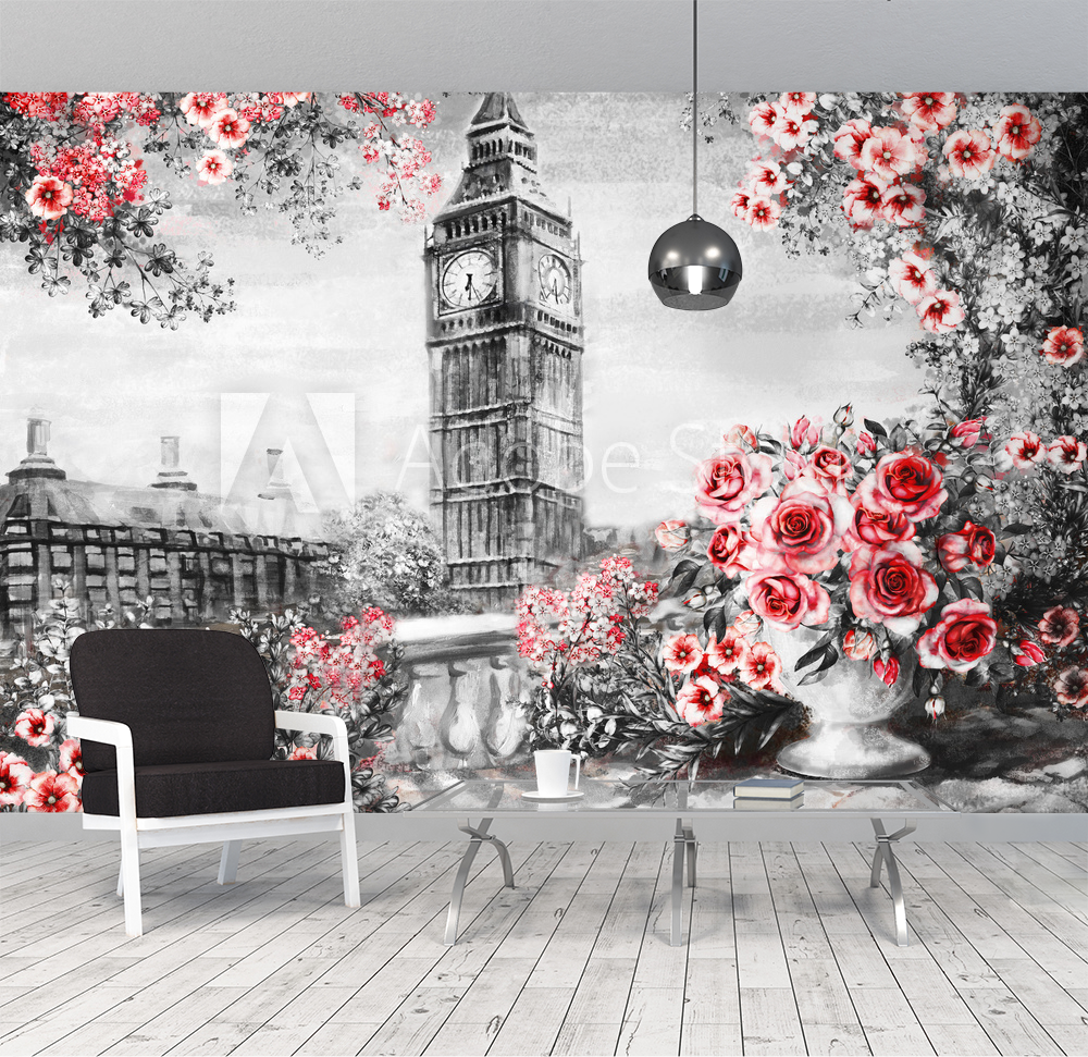 Oil Painting summer in London gentle city landscape flower rose and leaf  View from above balcony Big Ben England wallpaper watercolor modern art Red  black and white from Wallmural | Familywallpapers