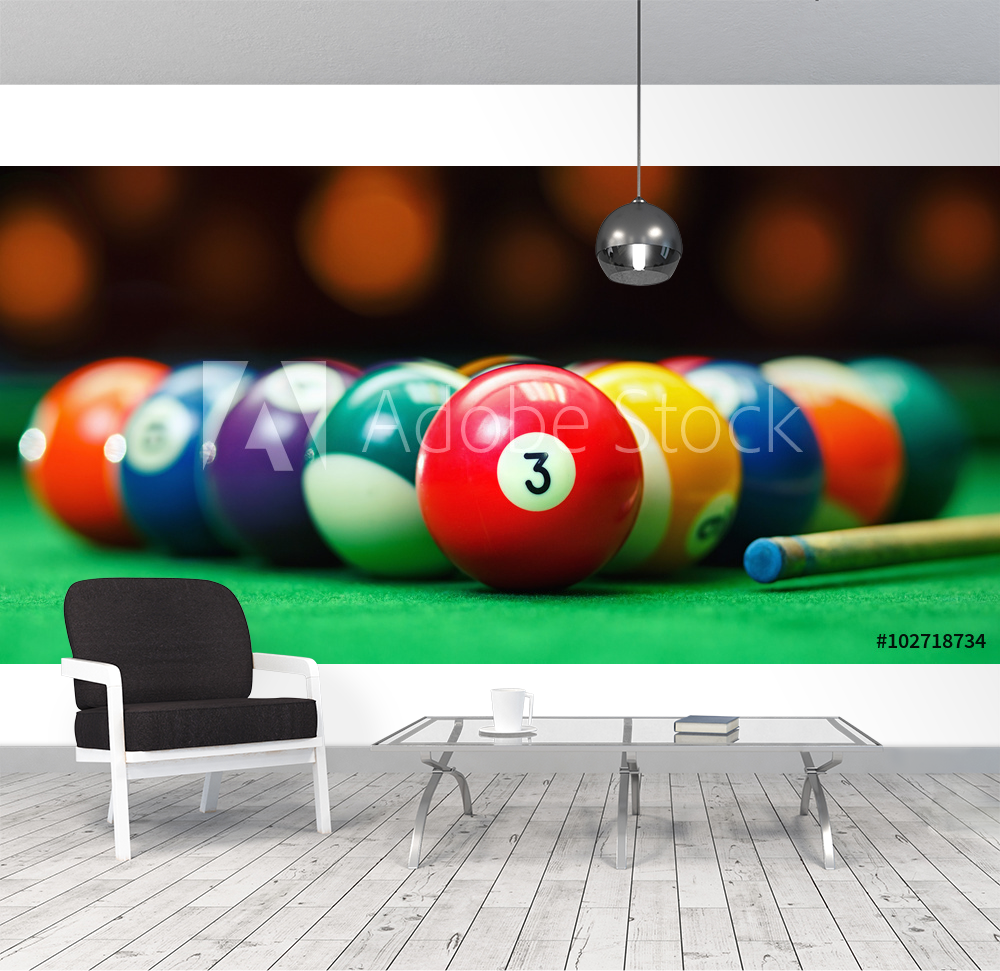 Billiard balls in a green pool table valmistajalta Valokuvatapetit |  Kotitapetti