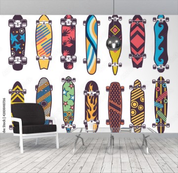 Picture of Various colored patterns on skateboards