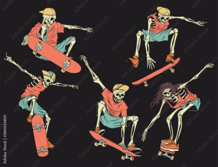 Isolated illustrations set of the skeletons on the skateboard Color illustration on dark background photowallpaper Scandiwall