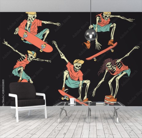 Afbeeldingen van Isolated illustrations set of the skeletons on the skateboard Color illustration on dark background