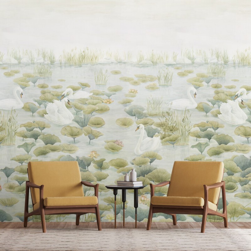 Bild på Swan Lake Mural Wallpaper - Green - SwanGreen