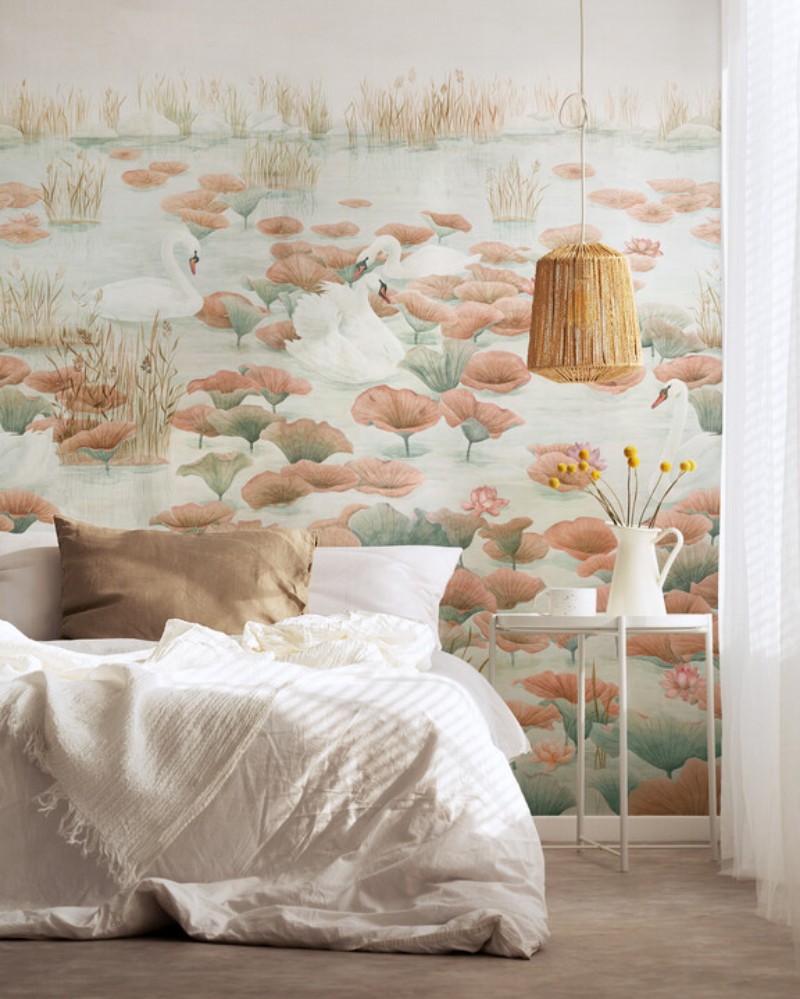 Picture of Swan Lake Mural Wallpaper - Terracotta - SwanTerracotta