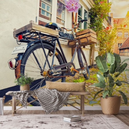 Picture of Vintage Bicycle On House Wall At Sunset, Old Town Street