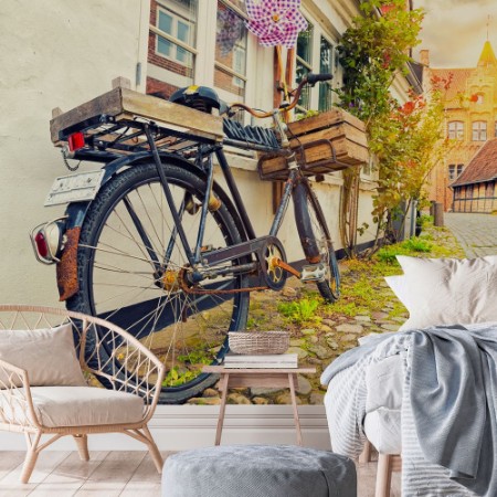 Picture of Vintage Bicycle On House Wall At Sunset, Old Town Street