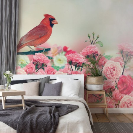 Afbeeldingen van Red Cardinal In Rose Garden