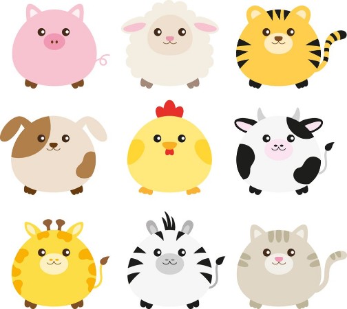 Afbeeldingen van Vector illustration of fat animals including pig sheep tiger dog chicken cow giraffe zebra and cat