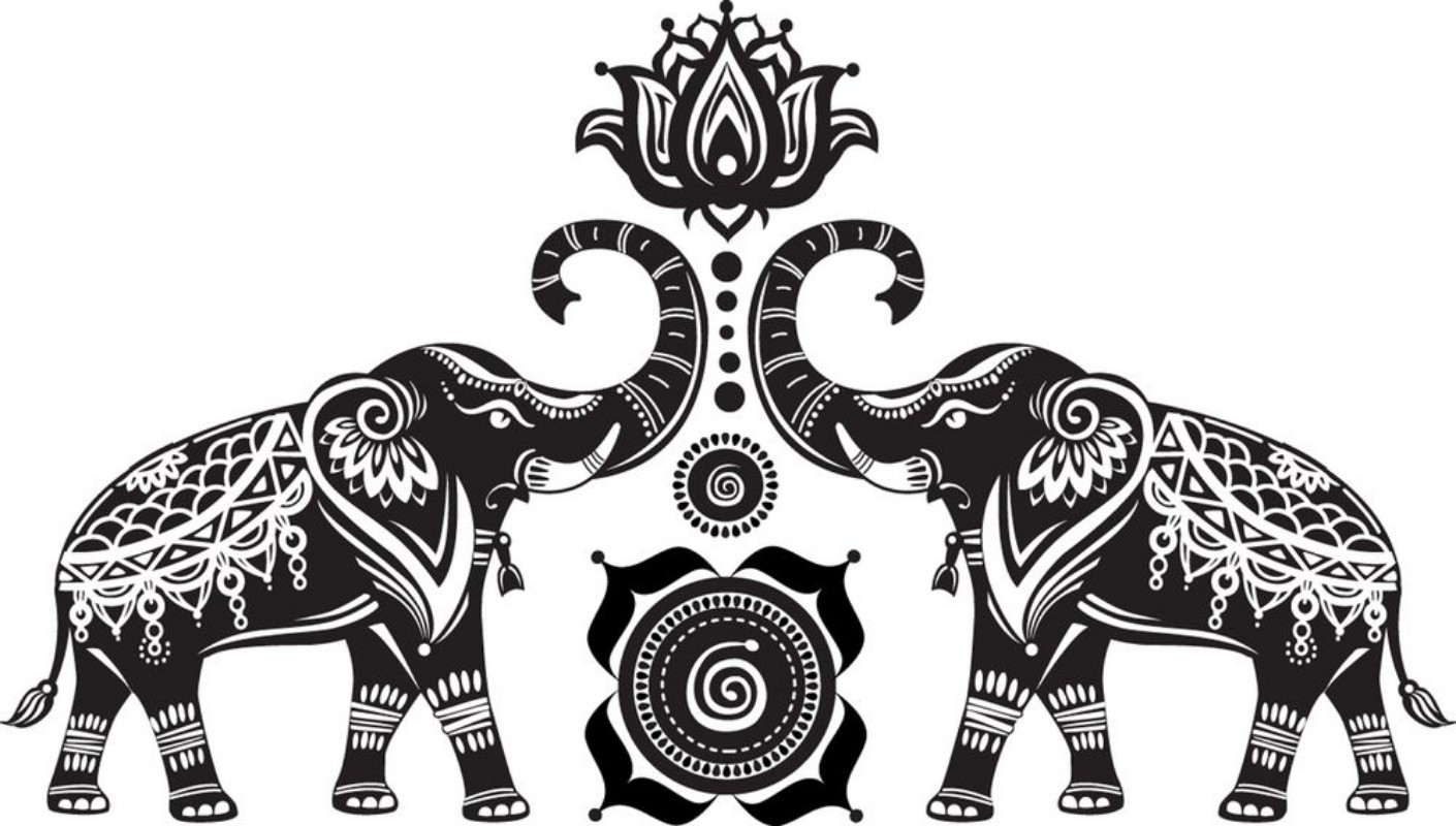 Picture of Stylized decorated elephants and lotus flower