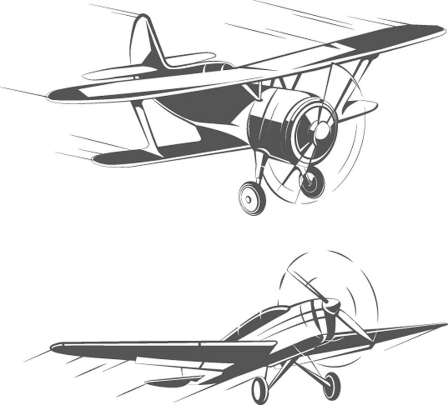 Afbeeldingen van Biplane and monoplane aircrafts for vintage emblems badges and logos vector set Aviation airplane transportation illustration