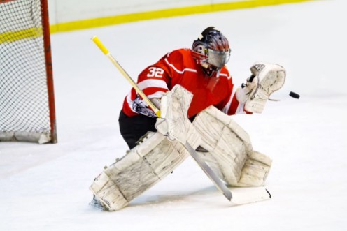 Picture of Hockey goalie in generic red equipment protects gate