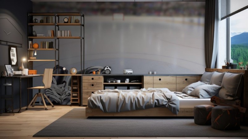 Picture of Dramatic Hockey Arena With Equipment on Reflective Ice and Copy Space Deliberate focus on foreground equipment and shallow depth of field on background Lighting flare effect