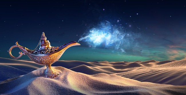 Afbeeldingen van Lamp of Wishes In The Desert - Genie Coming Out Of The Bottle