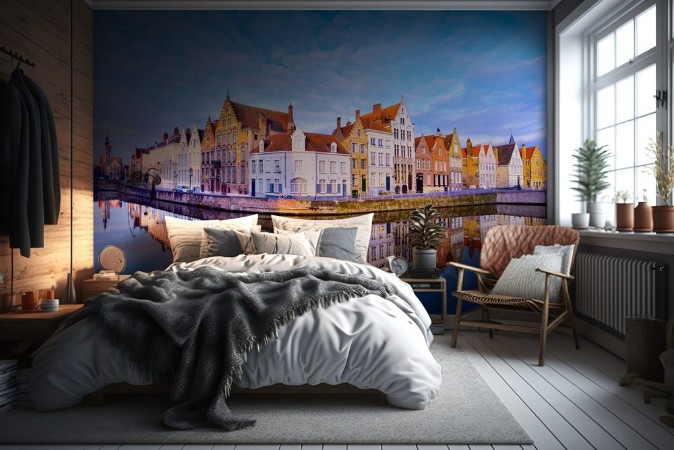 Image de Cityscape view of Bruges and traditional houses reflected in water at sunrise in Belgium