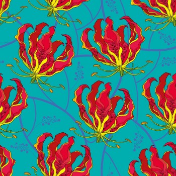 Bild på Seamless pattern with Gloriosa superba or flame lily tropical flower on the green background Poisonous plant  National flower of Zimbabwe Floral background in contour style