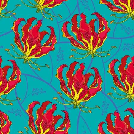 Picture of Seamless pattern with Gloriosa superba or flame lily tropical flower on the green background Poisonous plant National flower of Zimbabwe Floral background in contour style