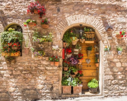 Afbeeldingen van Elegante porta di legno con vasi di fiori