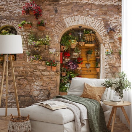 Picture of Elegante porta di legno con vasi di fiori