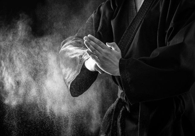 Picture of Closeup of male karate fighter hands Black and white