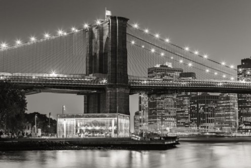 Afbeeldingen van Black and White of  Brooklyn Bridge Tower at twilight with carousel and skyscrapers of Lower Manhattan Financial District New York City