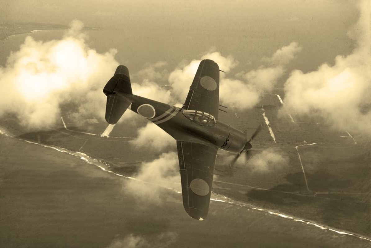 Afbeeldingen van World War 2 era fighter plane Japnese aricraft N1K-J Shiden known as Geroge by the allies Flying over the pacific Island of Saipan Computer Image Artists impression