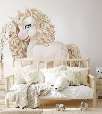 Picture of Cute fabulous white unicorn with golden mane isolated on a white