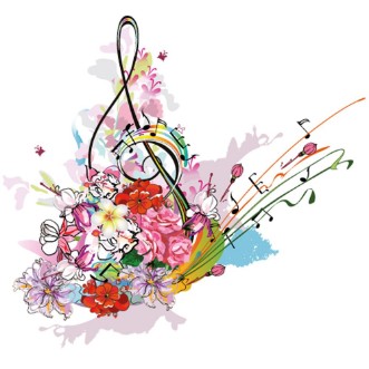 Afbeeldingen van Summer music with flowers and butterfly colorful splashes