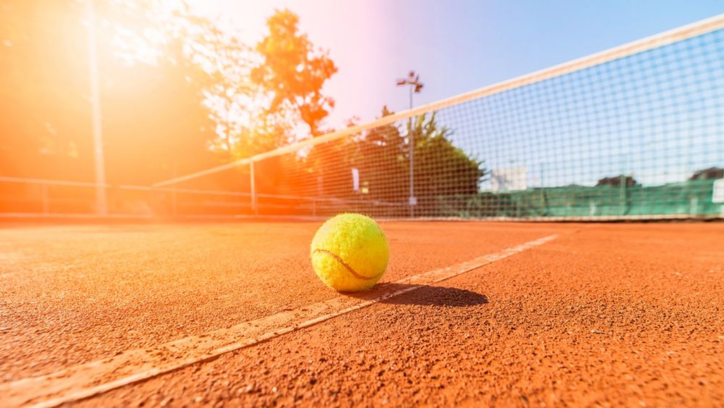 Afbeeldingen van Close-up tennis ball and net on court