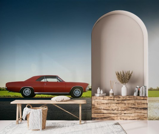 Image de Retro red car standing on asphalt road at sunset