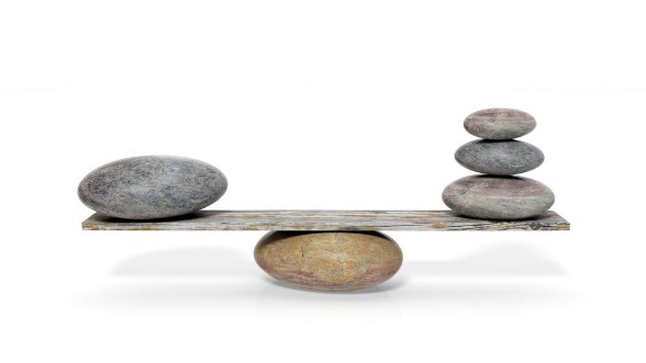 Picture of 3D rendering of balancing stones on wooden plank isolated on white background
