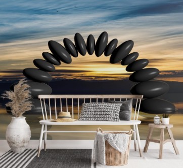 Bild på 3D rendering of balancing stones forming an arch in water with sunset sky and peaceful landscape
