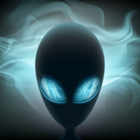 Picture of Alien head with glowing eyes on a dark background Stock vector