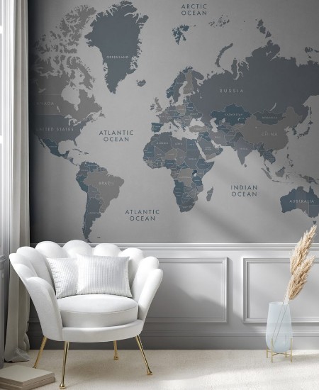 Bild på Highly detailed world map with labeling Grayscale vector illustration