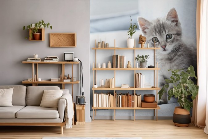 Picture of Beautiful little cat on a grey sofa