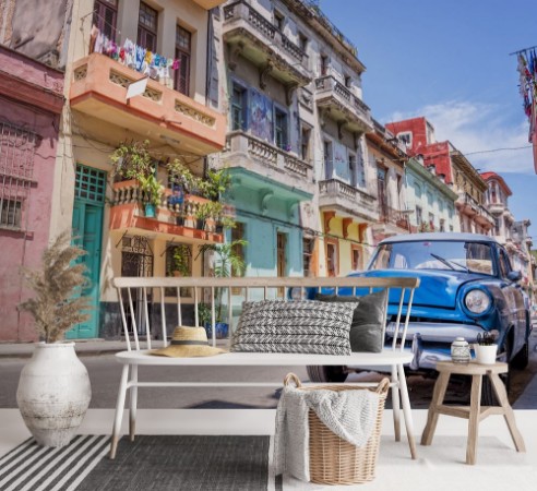 Picture of Blue vintage classic american car in a colorful street of Havana Cuba Travel and tourism concept