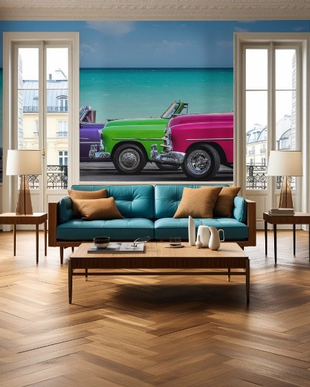 Picture of Drei amerikanische Oldtimer am Strand von Havanna Kuba