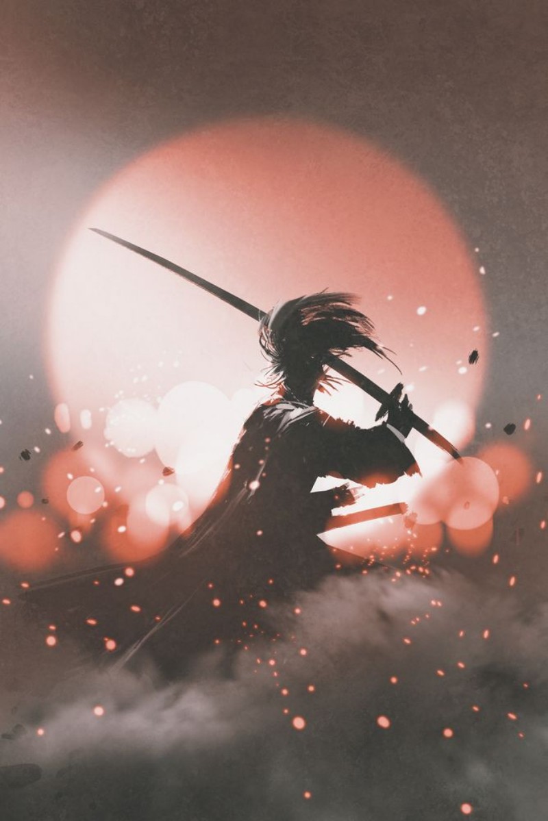 Afbeeldingen van Samurai with sword standing on sunset backgroundillustration painting