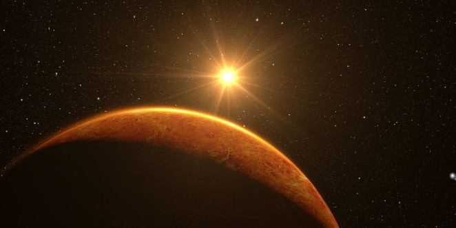 Bild på Venus Cinematic and very realistic sunrise seen from space on venus 3d rendering