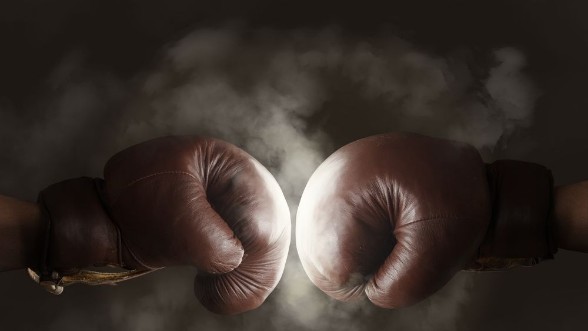 Bild på Two old brown boxing gloves hit together