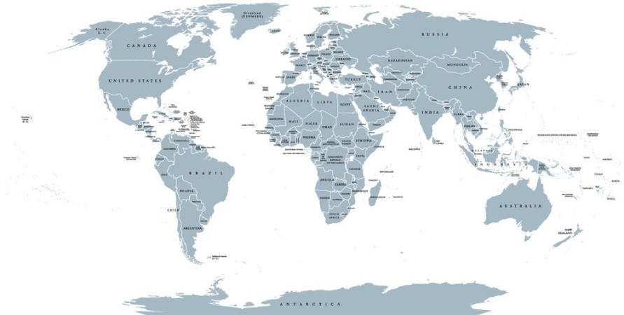 Picture of World political map Detailed map of the world with shorelines national borders and country names Robinson projection english labeling grey illustration on white background