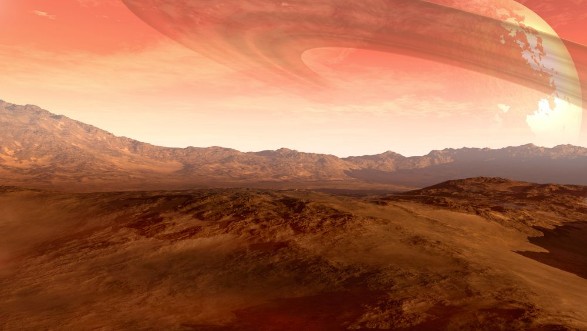 Afbeeldingen van A Mars-like red planet with an arid landscape rocky hills and mountains and a giant moon at the horizon with Saturn-like rings for space exploration and science fiction backgrounds