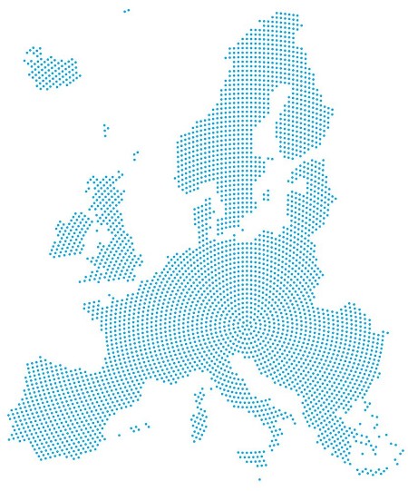 Afbeeldingen van Europe map radial dot pattern Blue dots going from the center outwards and form the silhouette of the European Union area Illustration on white background