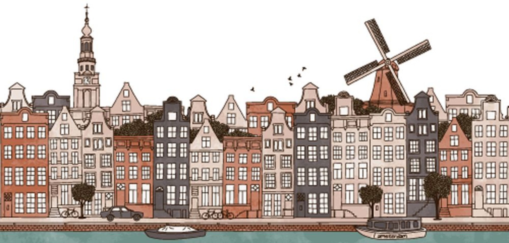 Afbeeldingen van Amsterdam Netherlands - seamless banner of Amsterdams skyline hand drawn and digitally colored ink illustration