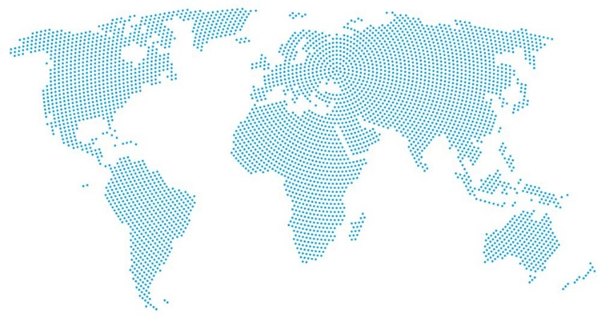 Bild på World map radial dot pattern Blue dots going from the center outwards and form the silhouette of the surface of the Earth under the Robinson projection llustration on white background
