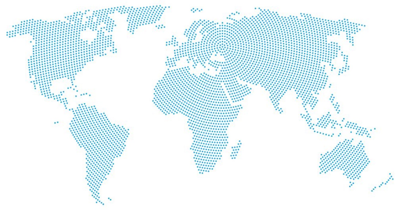 Afbeeldingen van World map radial dot pattern Blue dots going from the center outwards and form the silhouette of the surface of the Earth under the Robinson projection llustration on white background