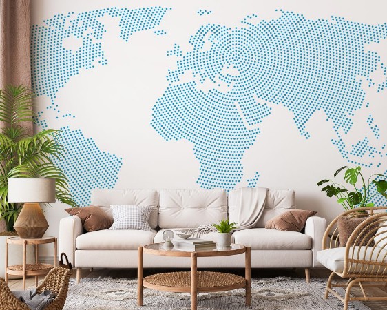 Picture of World map radial dot pattern Blue dots going from the center outwards and form the silhouette of the surface of the Earth under the Robinson projection llustration on white background