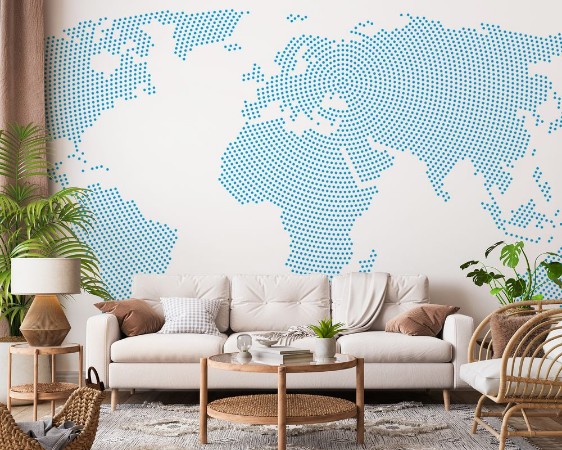 Bild på World map radial dot pattern Blue dots going from the center outwards and form the silhouette of the surface of the Earth under the Robinson projection llustration on white background