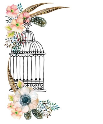 Picture of Watercolor card with bird cage and flowers