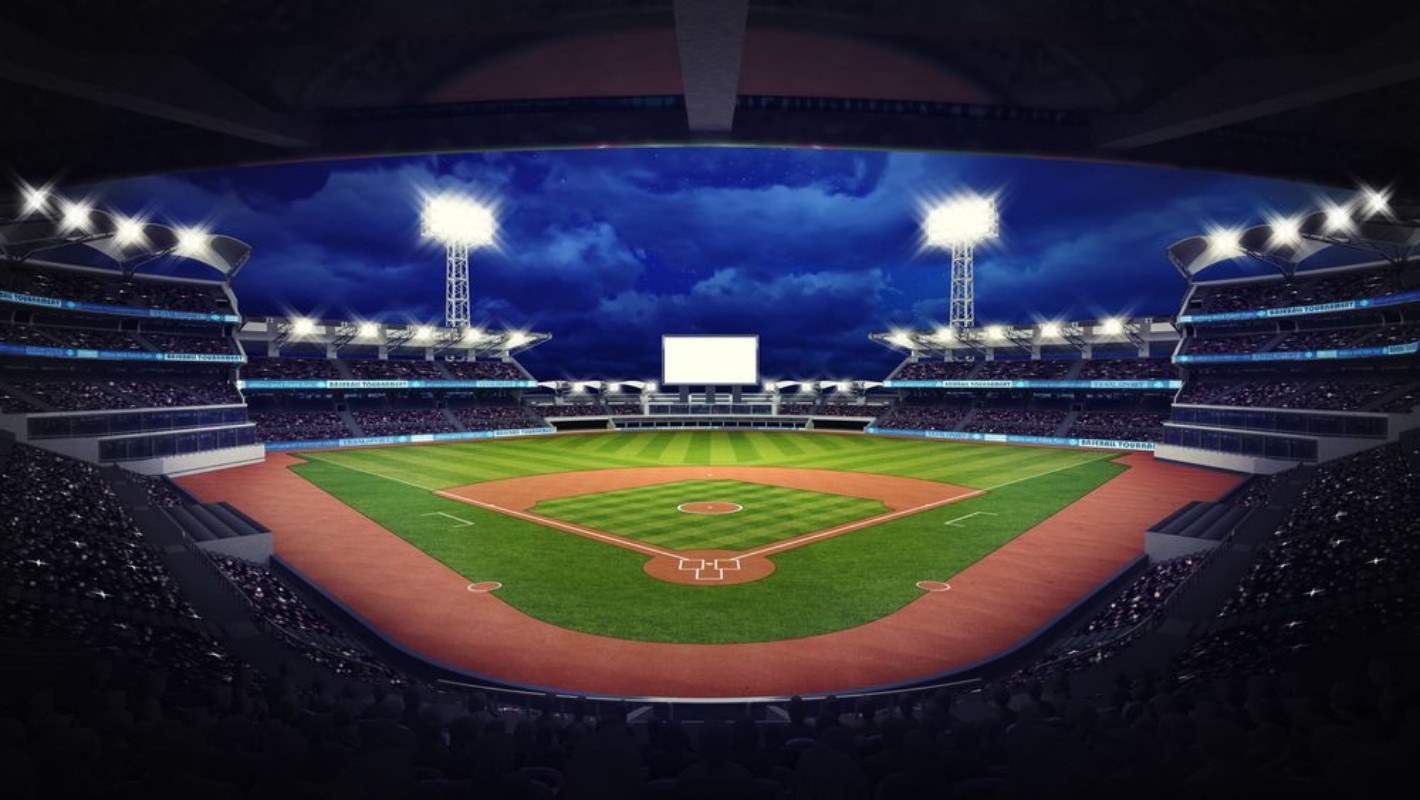 Afbeeldingen van Baseball stadium under roof view with fans