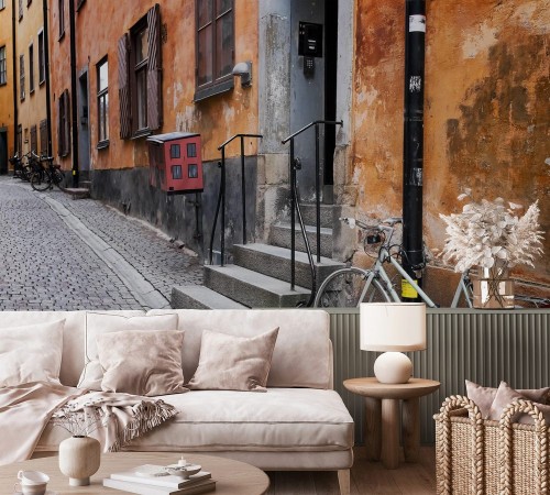 Afbeeldingen van Sweden Stockholm quaint cobblestone street in historic district Gamla Stan Parked bike